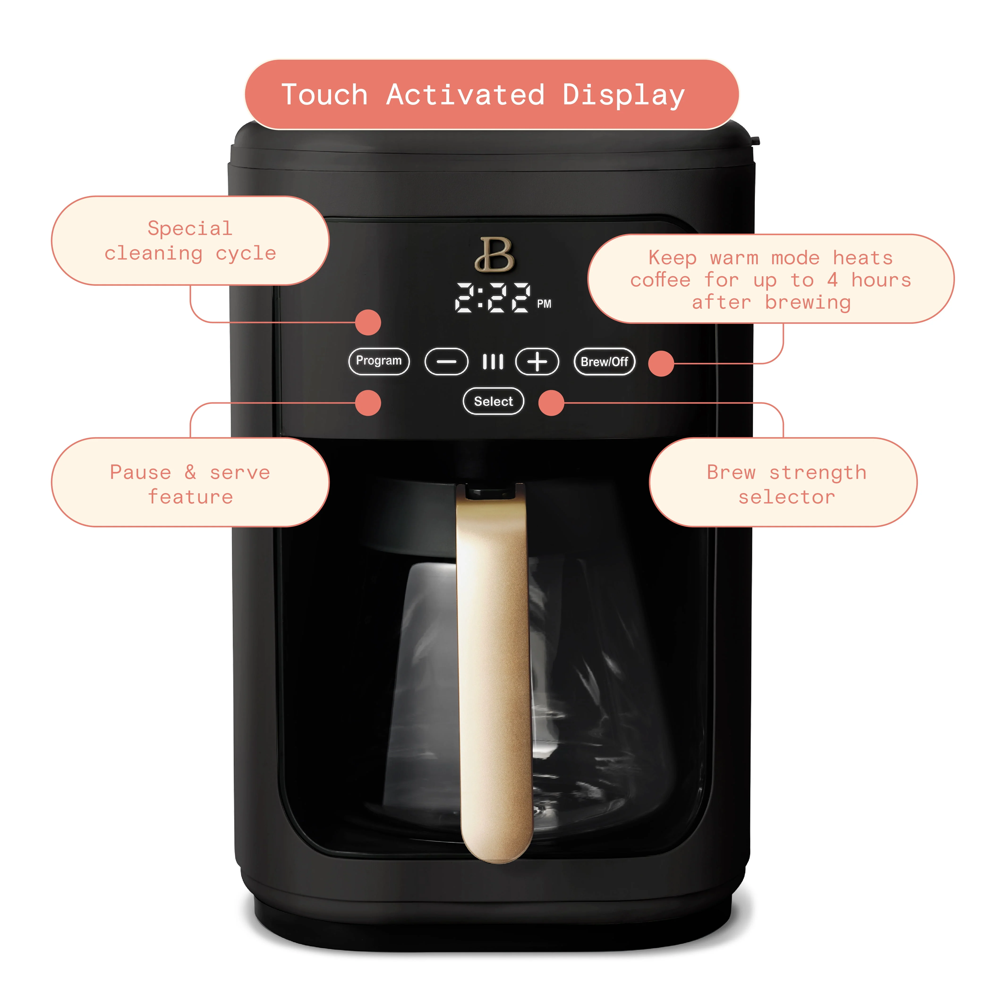 Beautiful 14-Cup Programmable Drip Coffee Maker with Touch-Activated Display, White Icing by Drew Barrymore
