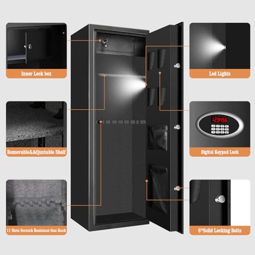7-8 Extra Large Gun Safes for Home Rifle and Pistols, Heavy Duty Anti-Theft Gun Safes for Rifles and Shotguns, Home Rifle Safe with Removable Gun Rack, LED Light and Pistol Pockets