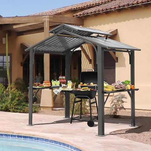 Domi 8x5FT Hardtop Grill Gazebo, Outdoor BBQ Gazebo with 2 Side Shelves and Bottle Opener, Outdoor Grill Canopy with Galvanized Steel Double Roof for Patio Lawn Backyard Deck, Brown