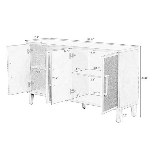 Light Luxury Style Accent Storage Cabinet with 4 Linen Cabinet Doors and Adjustable Shelves, 59.8" Wooden Sideboard Console Table with Metal Handles for Living Room, Study Room, Entrance (Beige-08)