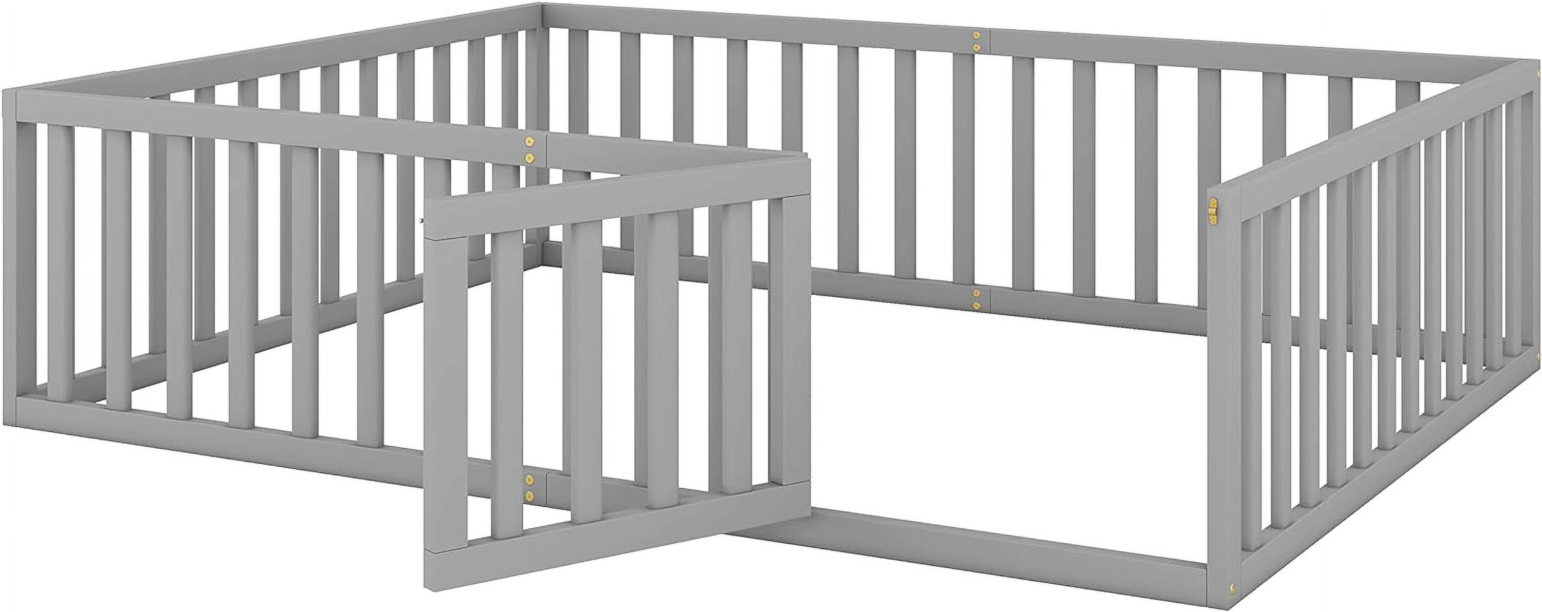 Queen Floor Bed With Fence For Kids, Montessori Floor Bed, Wood Platform Bed Frame Cabin Bed For Girls Boys, Gray
