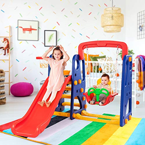 Costzon Toddler Long Slide Set, 3-in-1 Large Climber Playset w/Basketball Hoop, Stairs, Thickened Panel, Playground Swing for Indoor Outdoor Backyard 3-10 Gifts Presents