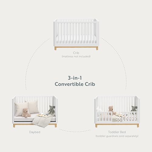 Storkcraft Santos 3-in-1 Convertible Crib (White with Natural) – GREENGUARD Gold Certified, Fits Standard Crib Mattress, Converts to Toddler Bed, Modern Style, Rounded Designer Details