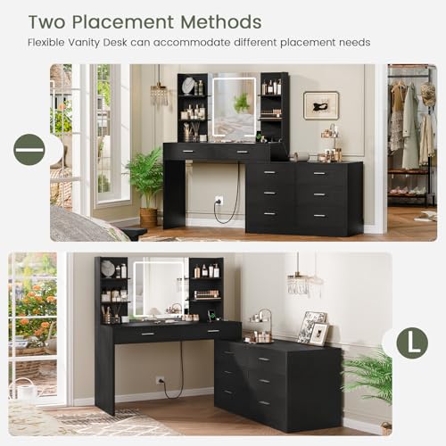 Quimoo 65.9" Vanity Desk with LED Lighted Mirror & Power Outlet, Modern Corner Makeup Vanity Table with 8 Drawers & Open Shelves, Dressing Table for Bedroom, Makeup Room
