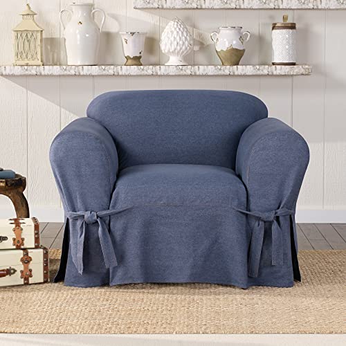 SureFit Authentic Denim T Cushion Sofa Slipcover, Sofa Cover Cotton Solid One Piece Design and Straight Skirt, Removable and Machine Washable Couch Cover, Indigo