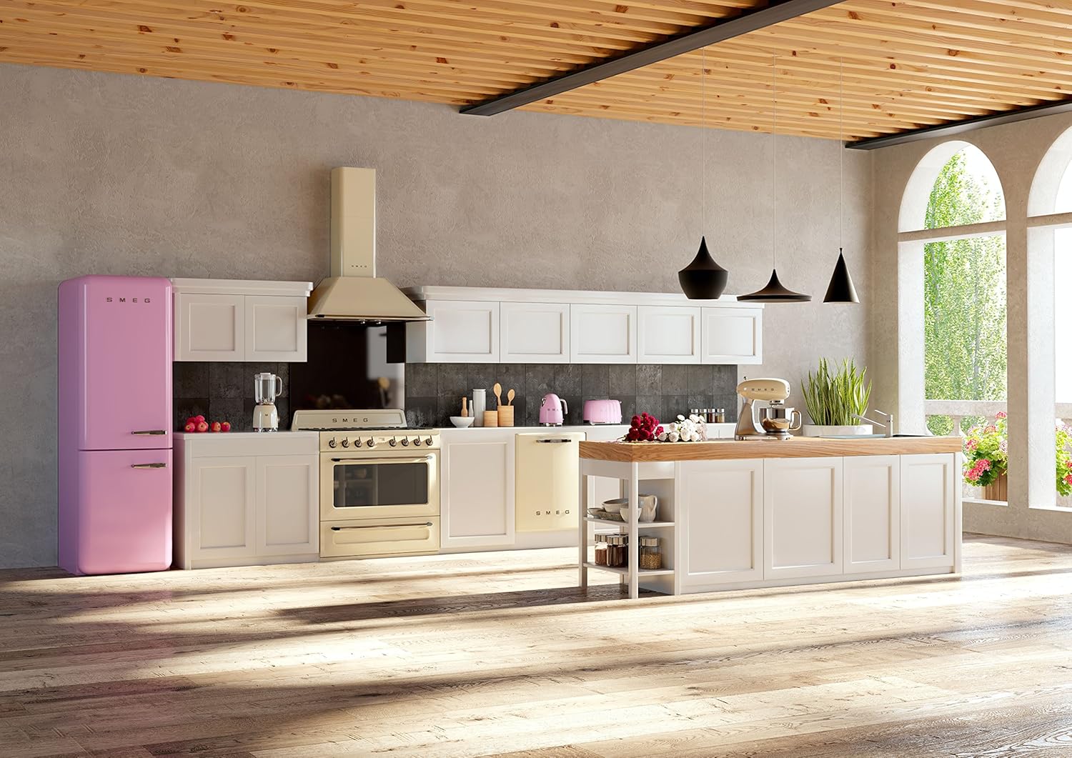 Smeg KT90PU 36" Wall Mount Chimney Range Hood with 600 CFM and 4 Fan Speeds, Cream