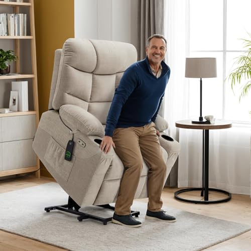 MCombo Power Lift Recliner Chair with Extended Footrest for Elderly People, Fabric 7287 (Navy Blue, Medium)