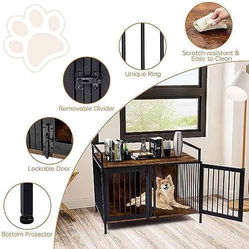 2 Rooms Dog Crate Furniture with Divider,39" Heavy Duty Dog Crate Table, Indoor Dog Kennel,Dog House,Dog Cage,TV Stand 38.9”Wx26.9”Dx21.1”H