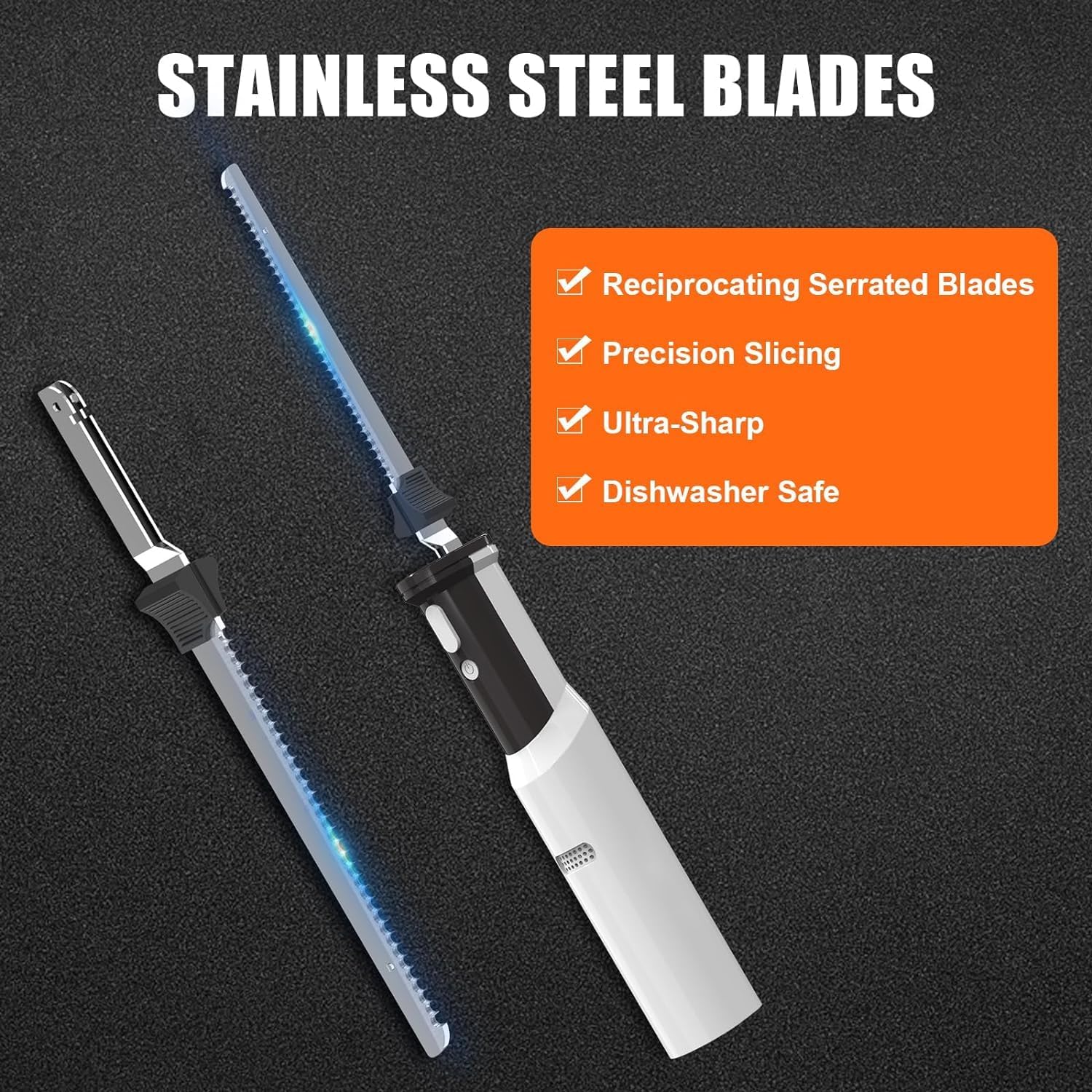 Cordless Electric Meat Carving Knife with 2 Serrated 8” Stainless Steel Blades - Effortlessly Slice and Carve Meats, Poultry, and Bread with Precision - Safety Lock Trigger Release - Ideal for