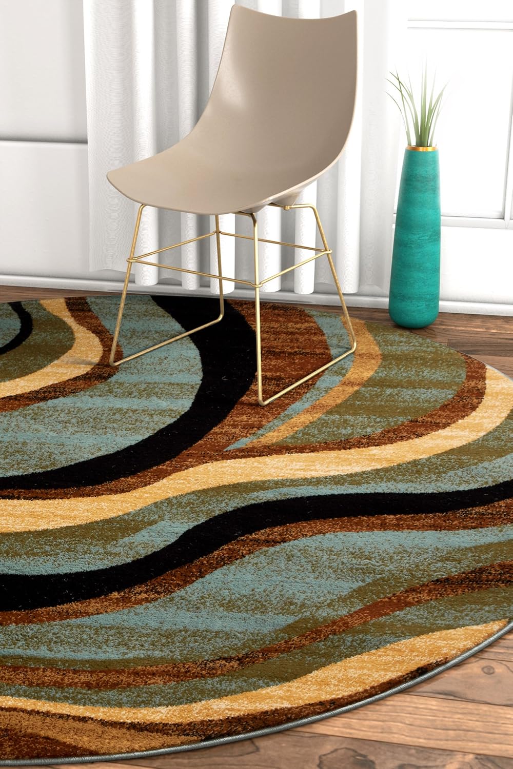 Hudson Waves Blue Brown Geometric Modern Casual Area Rug 8x10 8x11 ( 7'10" x 9'10" ) Easy to Clean Stain Fade Resistant Shed Free Abstract Contemporary Natural Lines Multi Soft Living Dining Room Rug