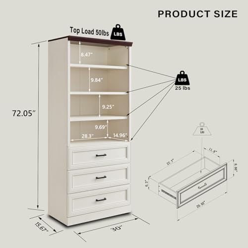 72" Tall Storage Cabinet, Farmhouse Kitchen Pantry with 3 Large Drawers & Adjustable Shelves, Versatile Cupboard for Kitchen, Dining Room, Bathroom, Antique White