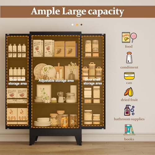 75.2" Tall Metal Pantry Cabinet, Storage Cabinets with 4 Door and 4 Adjustable Shelves, Black Kitchen Pantry Storage Cabinet, Freestanding Cupboard for Kitchen Dining Room Living Room Bathroom