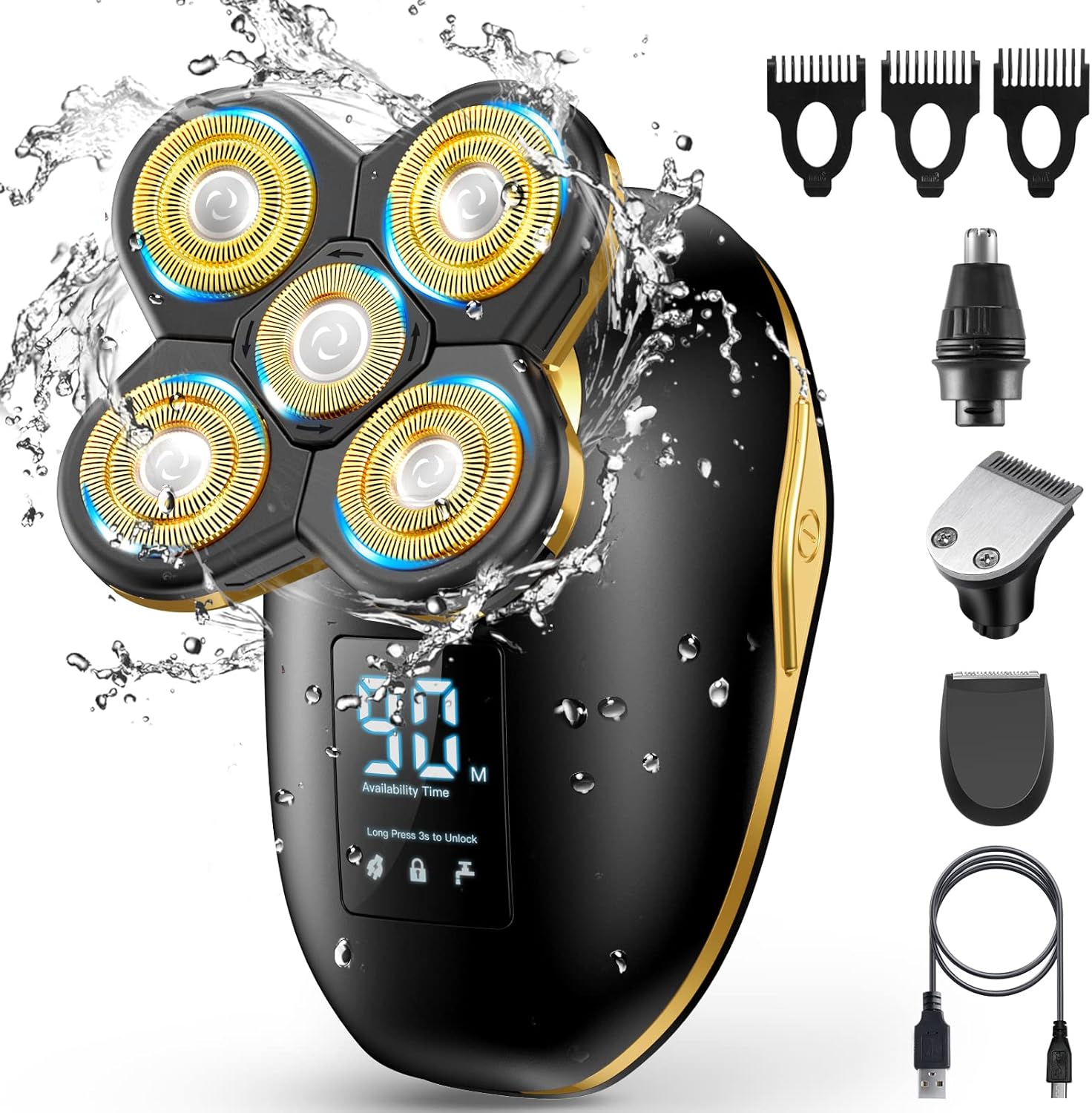 Head Shaver for Men Electric Razor Upgrade 6D Floating Electric Shaver 5 in 1 Wet & Dry Shaver Waterproof Bald Head Shaver LED Display Electric Rotary (Gold) Pack of 2