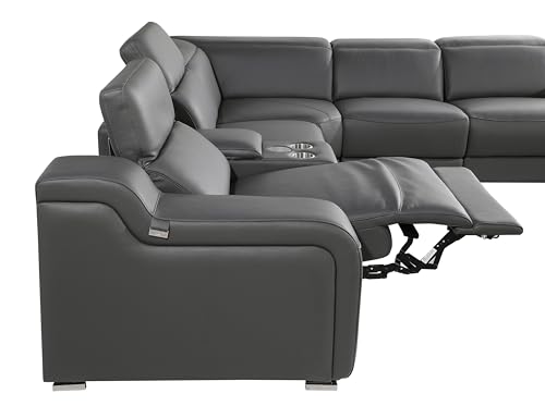 Ibero 12-Piece Italian Leather Sectional Sofa Set with 4 Recliners, Power Adjustable Headrests, USB and Wireless Phone Charger and Console Storage, Light Gray