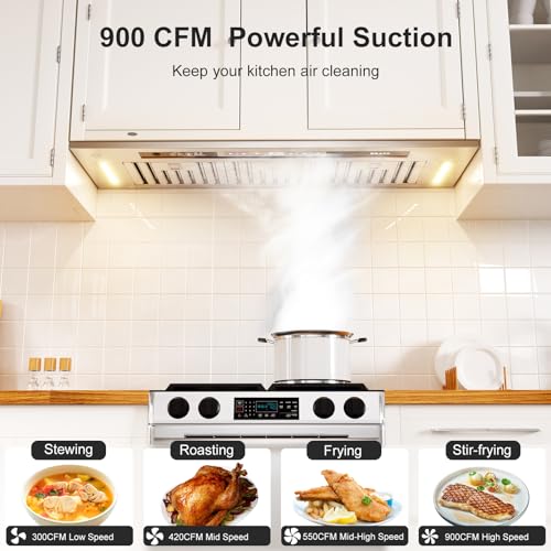 BRANO Insert Range Hood, 900 CFM Voice Control Kitchen Hood Stove Hood Vent with Touch Control, Gesture Sensing Touchless Control, 4-Speed Fan, Convertible Ducted/Ductless