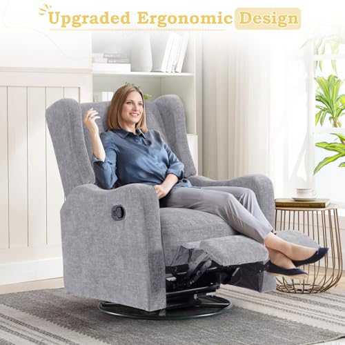 Swivel Rocking Recliner Chair for Adults, Upholstered Modern Manual Reclining Chair for Living Room, Adjustable Nursery Glider Rocker Chair, Single Lounge Sofa Recliner for Bedroom Small Spaces