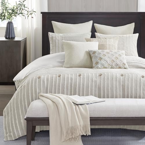 Madison Park King Comforter Set Clipped Jacquard Stripes with Buttons Boho Comforter for a King-Size Bed, Cotton Oversized Comforters with Removable Cover Boho Bedding, King Ivory 9 Piece