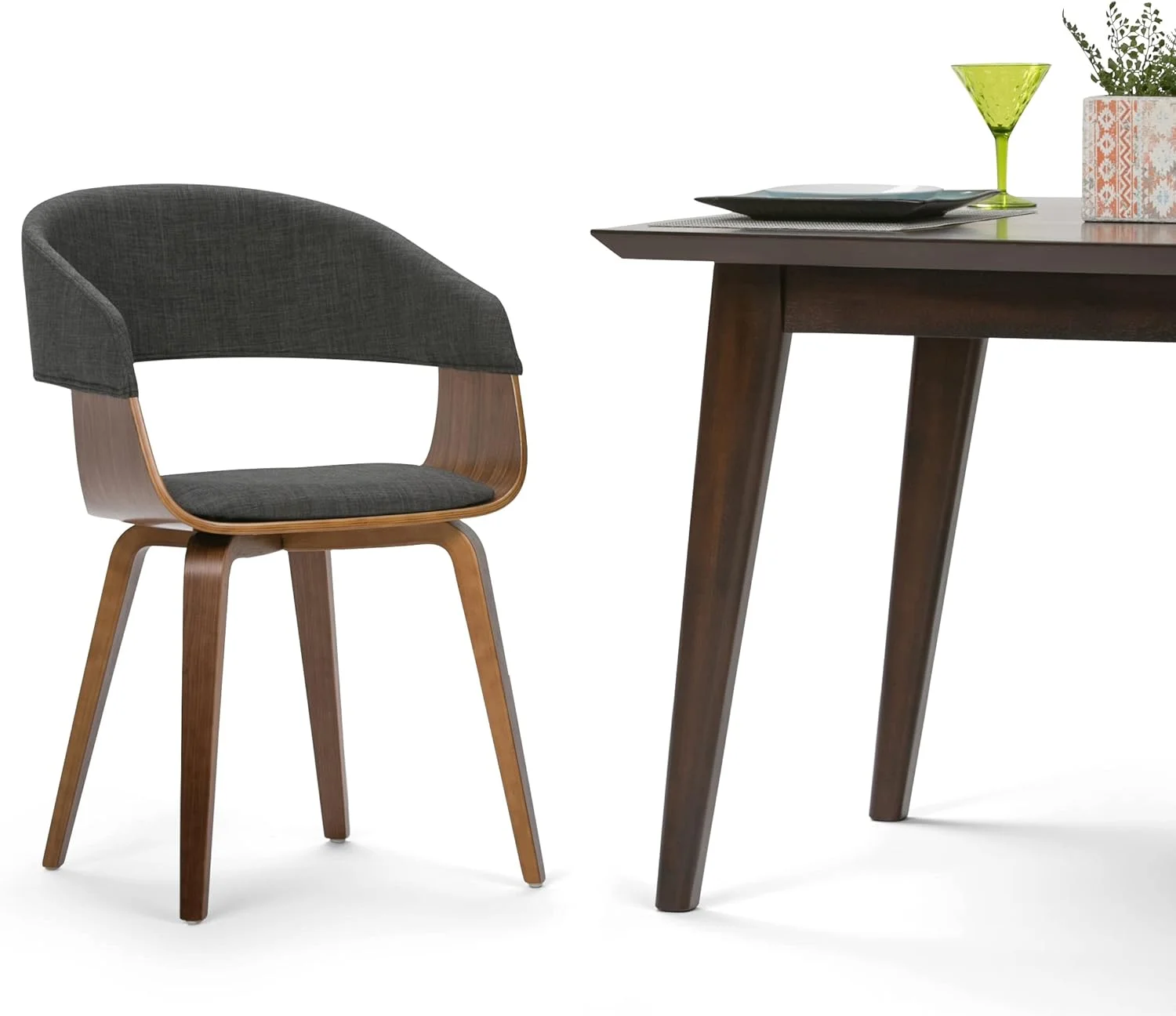 Lowell 17 Inch Century Modern Bentwood Dining Chair In Charcoal Grey Linen Look Fabric, For The Dining Room