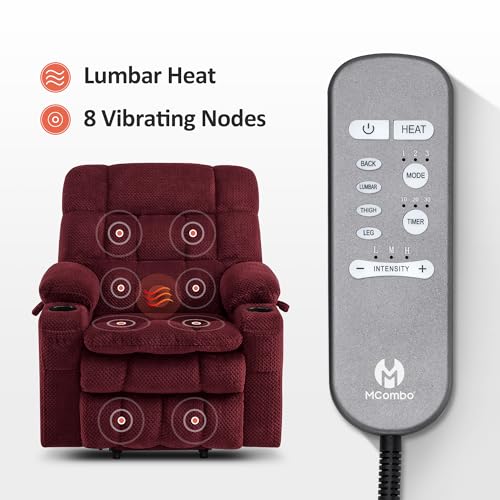 MCombo Dual Motor Power Lift Recliner Chair with Massage and Heat for Elderly People, Infinite Position, USB Ports, Cup Holders, Fabric 7890 (Medium-Regular, Burgundy)