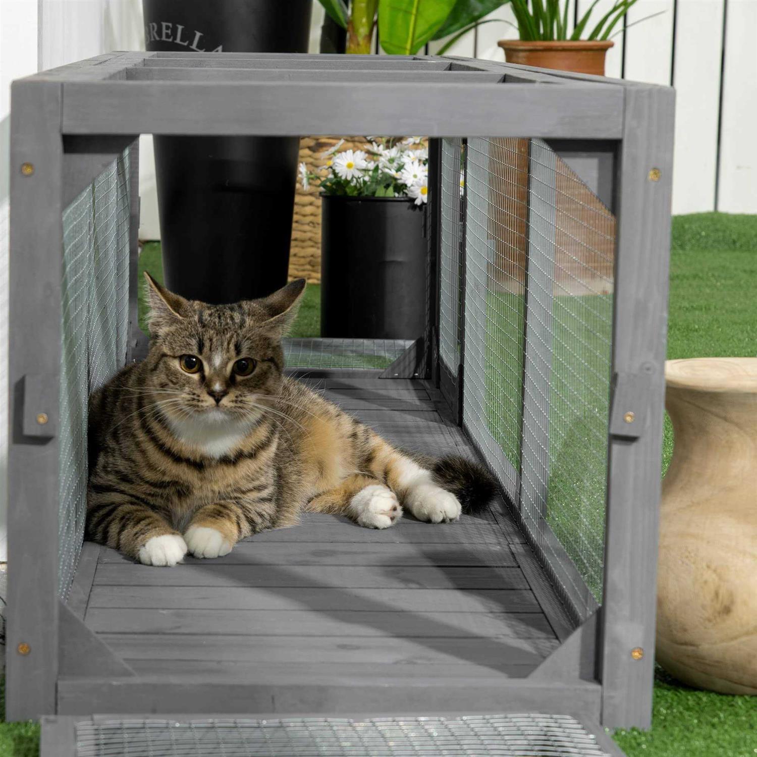 PawHut 59 Long Cat Tunnel with Extendable Design Wooden Outdoor Cat Tunnel House with Weather Protection - Pet Supplies online store