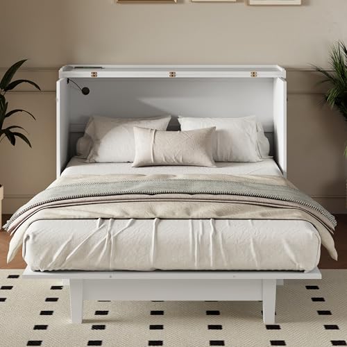 Harper & Bright Designs Queen Size Murphy Bed, Solid Pine Murphy Bed Frame Cabinet with Charging Station and Large Drawer, White