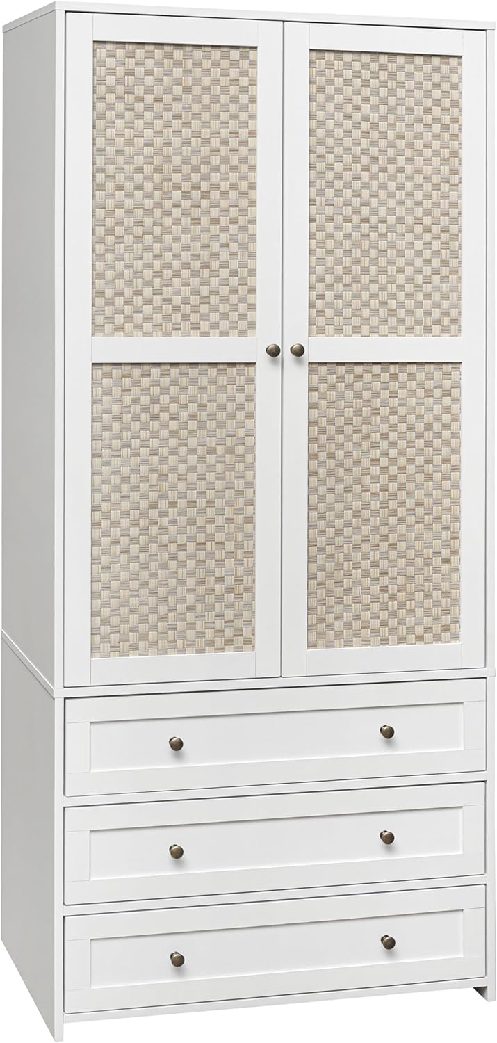 Bedroom Armoire Wardrobe Closet with Rattan Door, Bedroom Armoire Cabinet with Hanging Rod and 3 Drawer,Wooden Tall Wardrobe Cabinet Closet for Bedroom