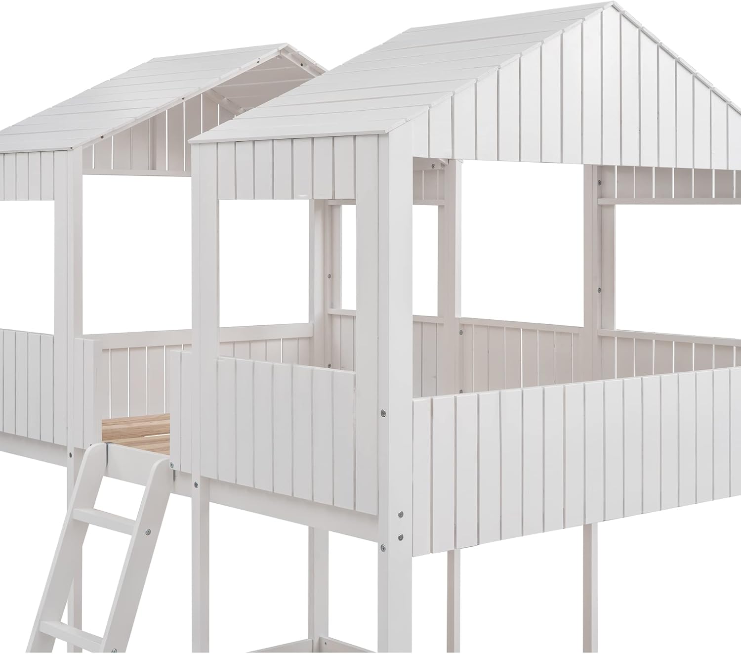 Solid Wood Full Over Full House Bunk Bed with Roof and Ladder, Kids Low Bunkbeds Playhouse with Window & Guard Rail, for Boys Girls Bedroom, White