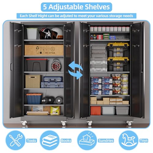 Aobabo Garage Storage Cabinet with Wheels,72" H Metal Storage Cabinet with 2 Doors and 4 Adjustable Shelves for Garage Home, Black,Required-Assembly