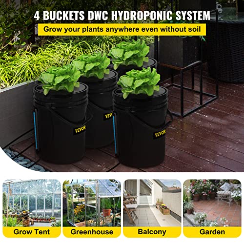 VEVOR RDWC Hydroponics Grow System, Hydroponic Growing Kit with Top Drip, Recirculating Deep Water Culture 4 Buckles and 1 Reservoir, with Air Pump and Water Level Device for Leafy Vegetables