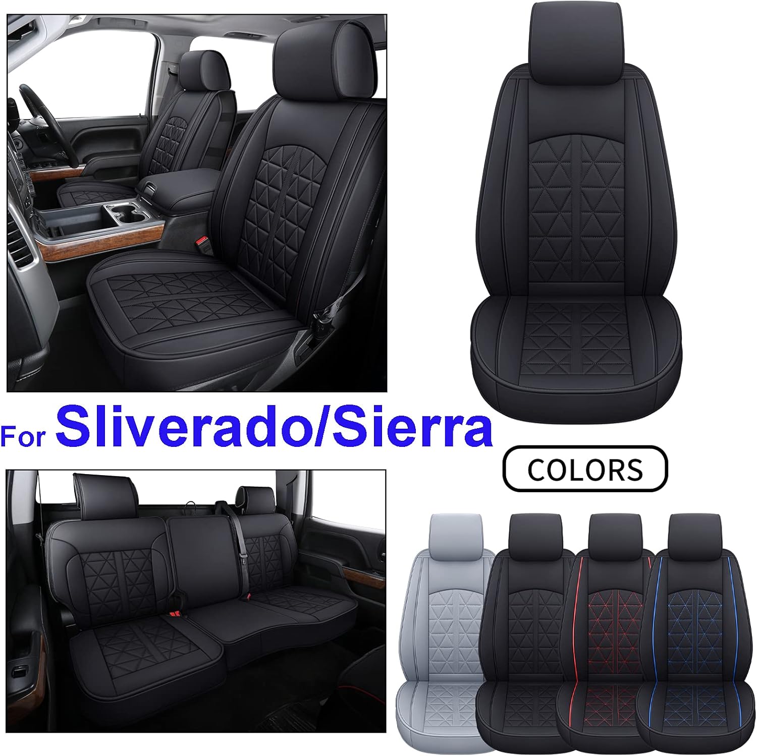 INCH EMPIRE Car Seat Cover Custom Fit for GMC Sierra 1500 2500 3500 2007-2021 Chevy Silverado 1500 2500 3500 Crew Extended Double Cab Pickup Synthetic Leather Protector (Black&Red Full Set)