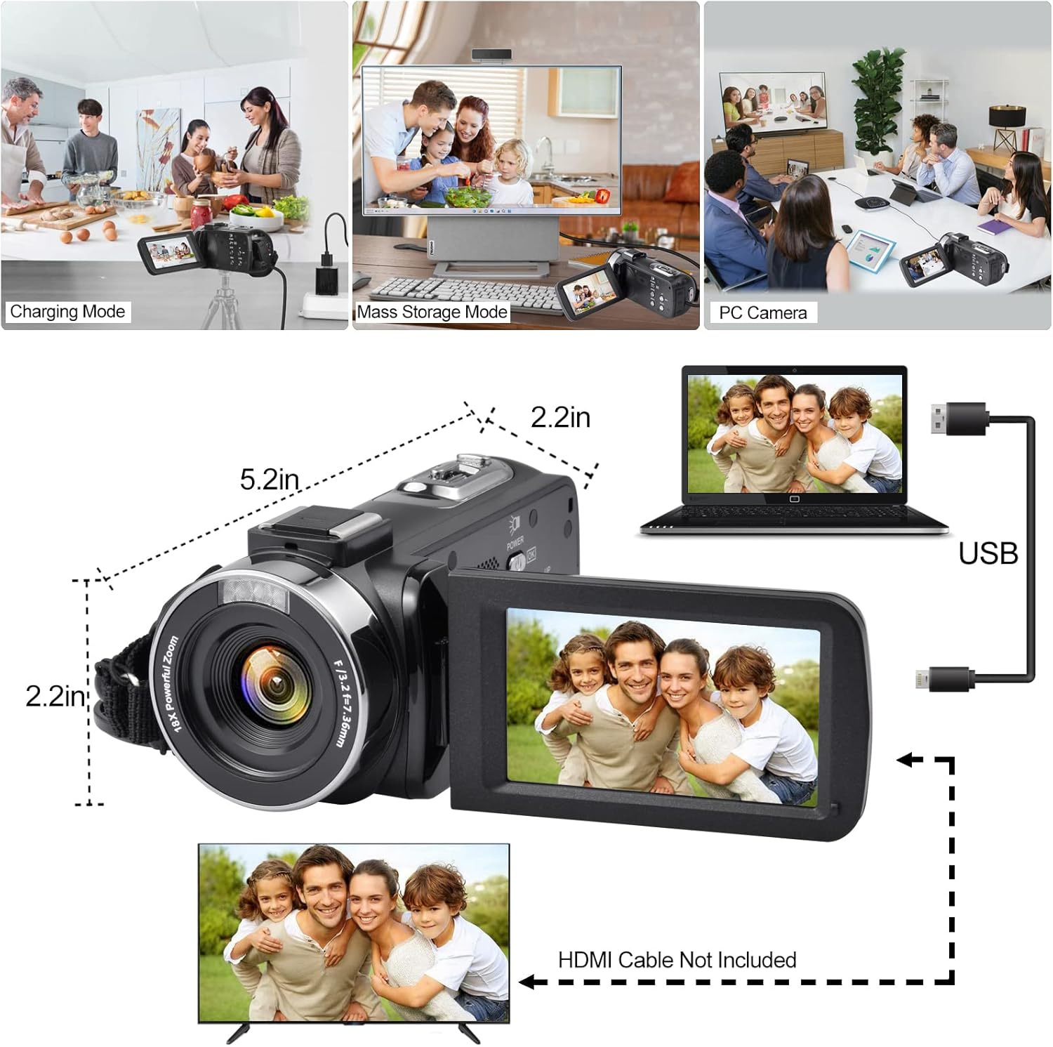 Video Camera 4K 18X Powerful Digital Zoom,48MP 3.0 Inch IPS Vlogging Camera for YouTube,270 Degree Rotation Touch Screen Camcorder with Microphone,IR Night Vision and 2 Batteries(Black)