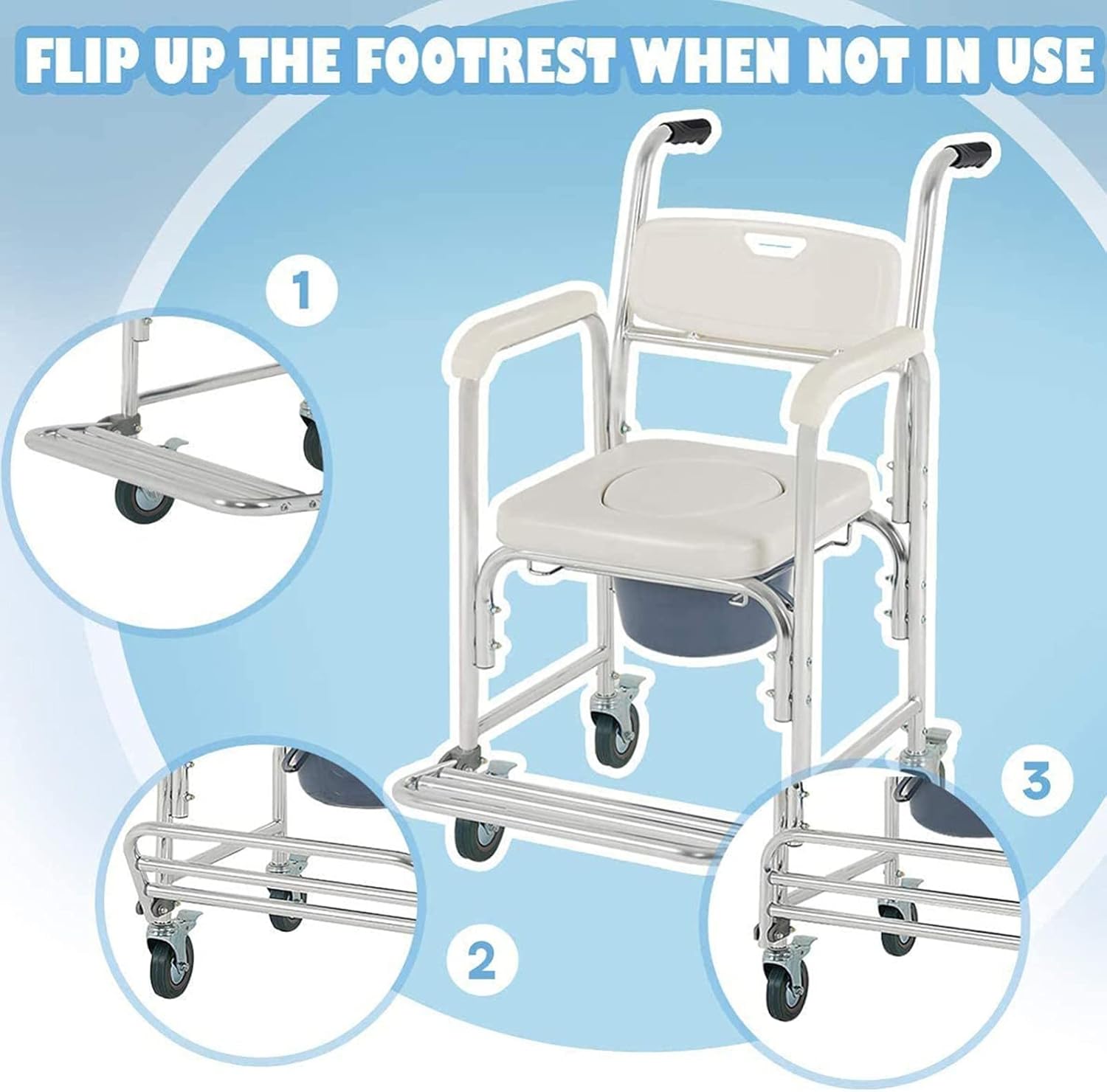 KOHARA 3-in-1 Commode Chair with Arms, Toilet Wheelchair Toilet Wheelchair for Elderly and, Bathroom Shower Chair with Wheels and Built in Toilet Toilet Chair