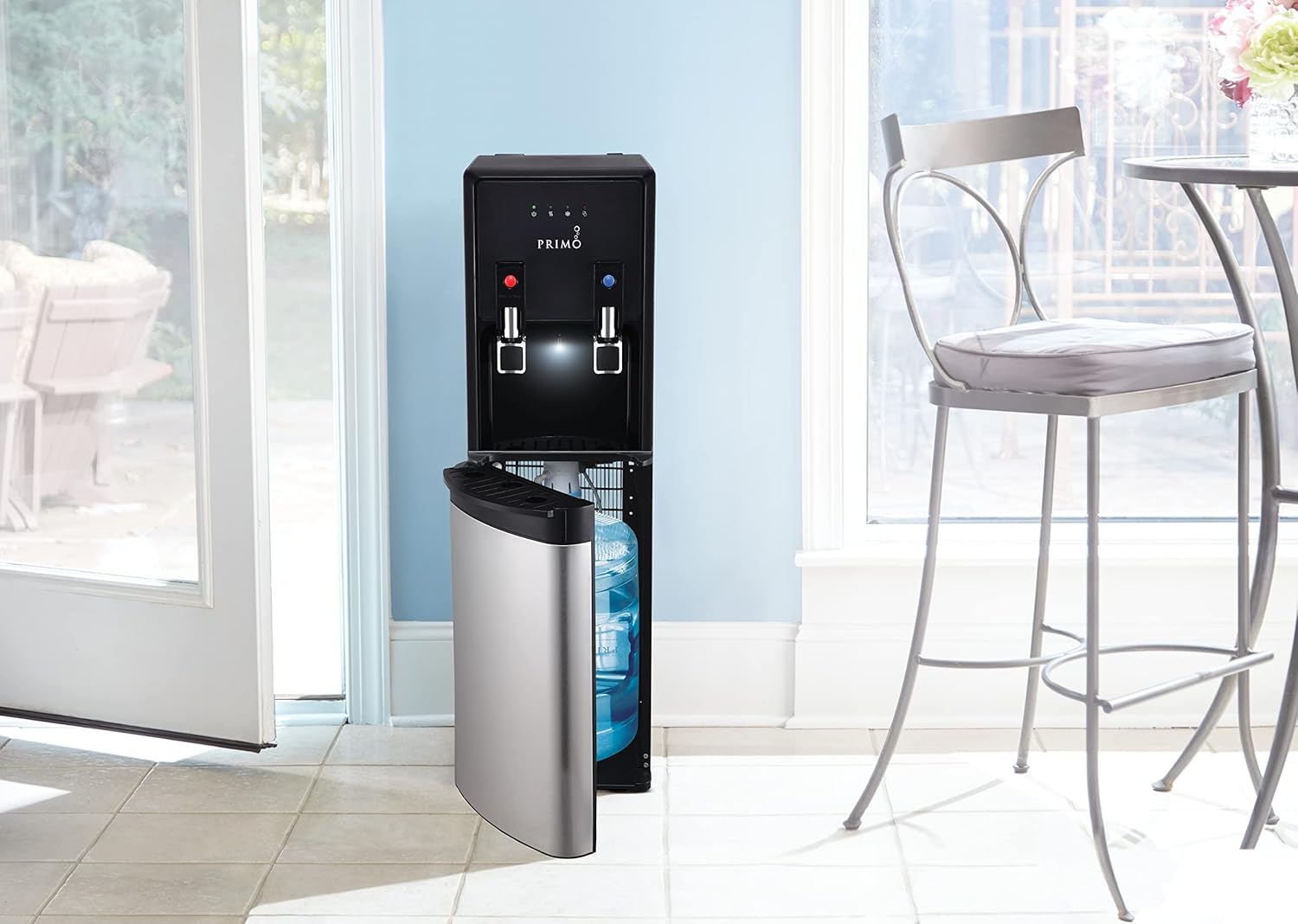Primo Bottom-Loading Water Dispenser - 2 Temp (Hot-Cold) Water Cooler Water Dispenser for 5 Gallon Bottle w/Child-Resistant Safety Feature, Black and Stainless Steel