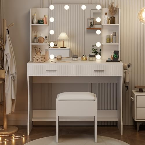Vanity Desk with LED Lighted Mirror, Makeup Vanity with 3 Adjustable Lights, 2 Large Drawers and 4 Open Shelves, White Vanity with Storage Stool for Bedroom