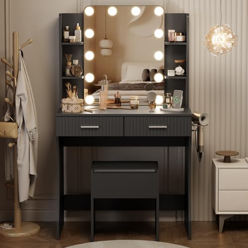 Vanity Desk with LED Lighted Mirror, Makeup Vanity with 3 Adjustable Lights, 2 Large Drawers and 4 Open Shelves, White Vanity with Storage Stool for Bedroom