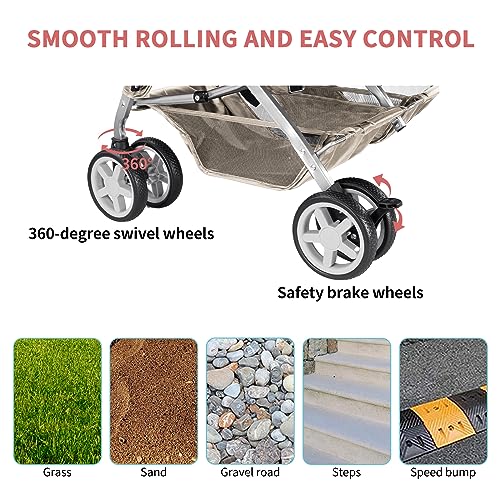 Double Pet Stroller, Foldable Stroller for 2 Dogs & Cats, Two-Seater Carrier Twin Dog Walk Jogger Travel Pet Carriage Cart with Storage, Gray