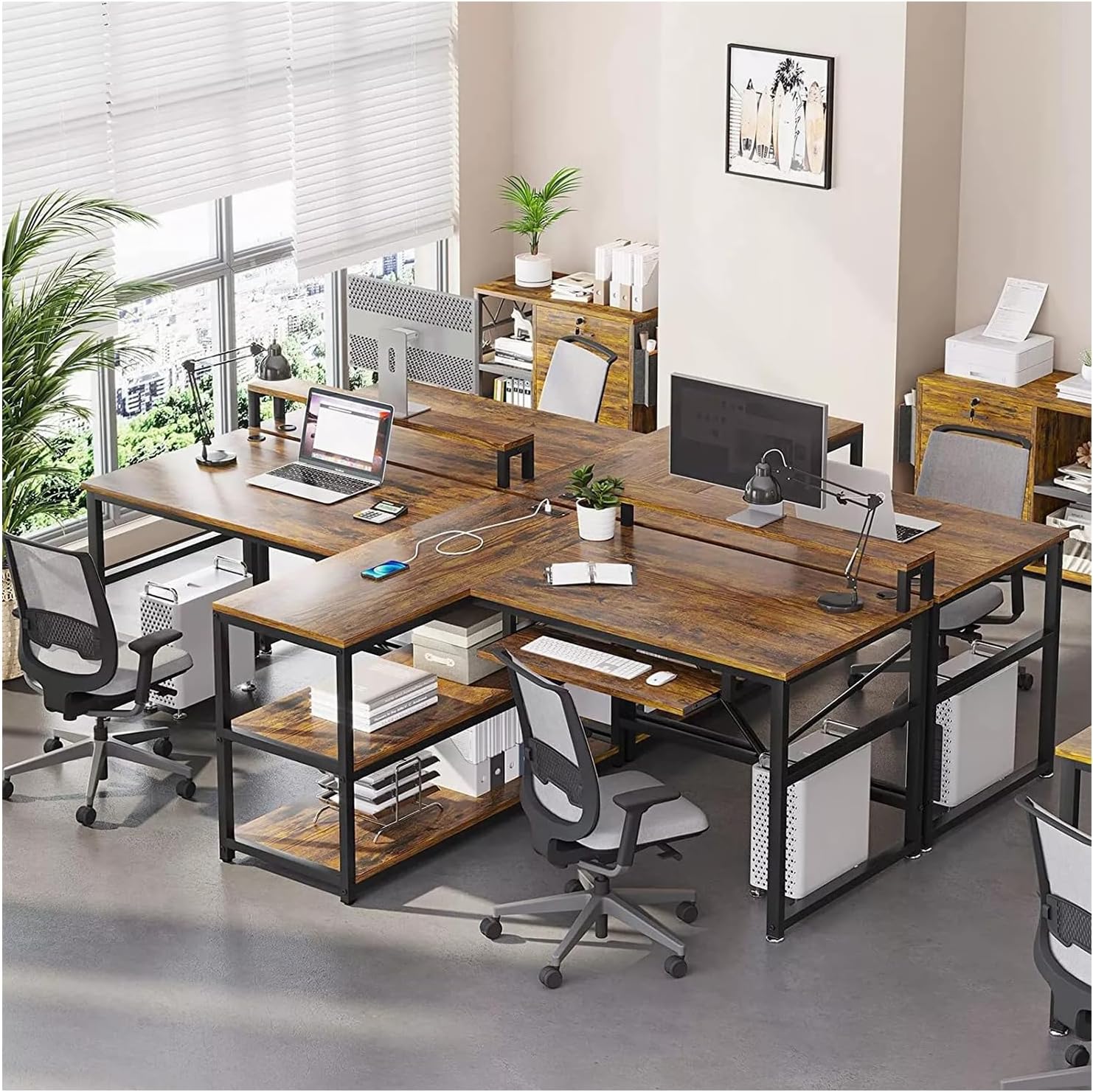 New Brown 95 Inches Home Office Desks Computer Gaming Desk Extra Long Double Desk for 2 Person RGB LED Lights Shelves Table Gamer Ergonomic Storage Shelf Home Office Wood Modern 94.5"L x 39"W x 30"H
