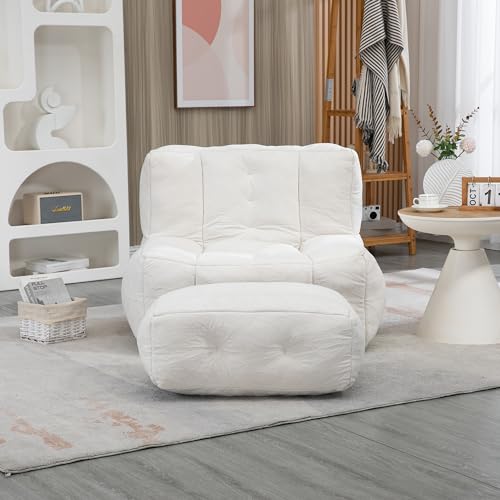 roomfitters Fluffy Bean Bag Chair - Comfortable Super Soft Lazy Sofa Chair with Memory Foam and Ottoman for Adults and Children - Modern Indoor Focus for Living Room, Bedroom, Apartment (Blue)