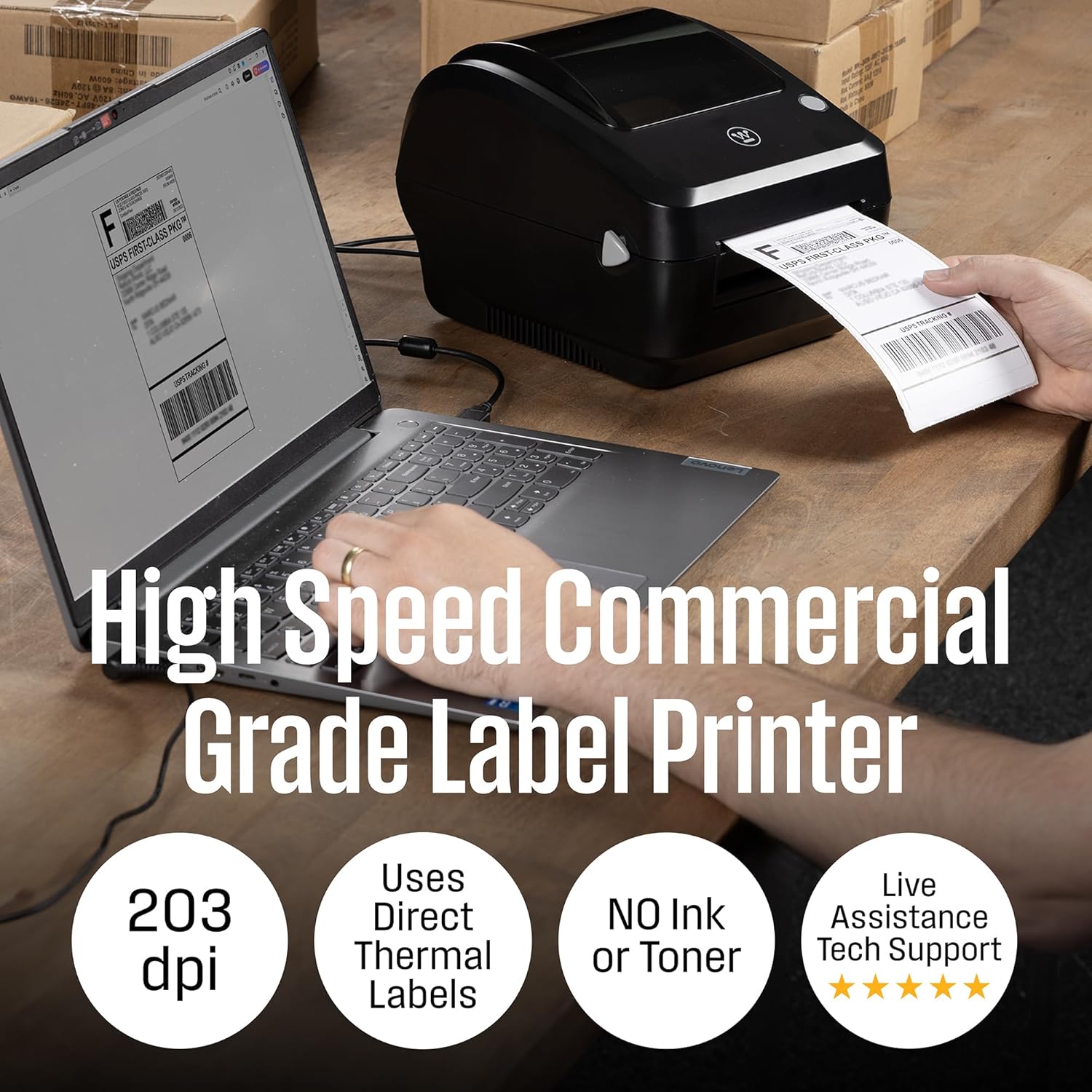 Westinghouse Direct Thermal Label Printer USB, Commercial grade, Compatible with USPS, UPS, FedEx, eBay, Shopify, Amazon, & More, Desktop Label Printer for Packages, includes Sample 4x6 Labels