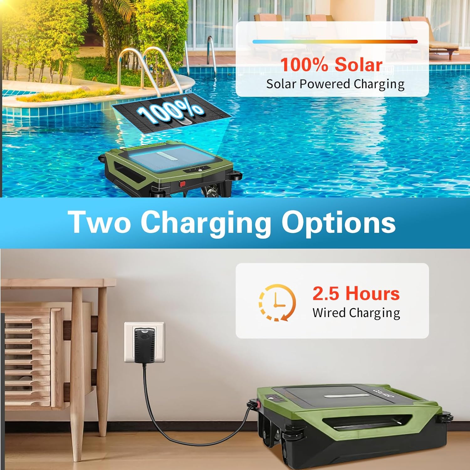 (2024 New) Cordless Robotic Pool Cleaner, Solar Powered Pool Skimmer for Pool Surface with Dual Charging Options, Pool Robot Vacuum with Automatic Obstacle Avoidance, Green