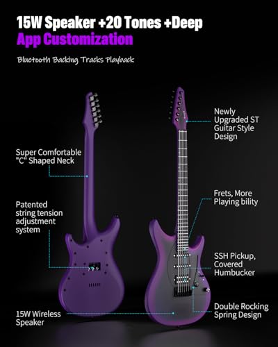 Enya Electric Guitar Inspire 39" Smart Electric Carbon Fiber Guitarra with 15W Wireless Speaker, 20 Distinct Tones, Onboard Presets, Charging Cable, Adjusting Wrench, and Gig Bag
