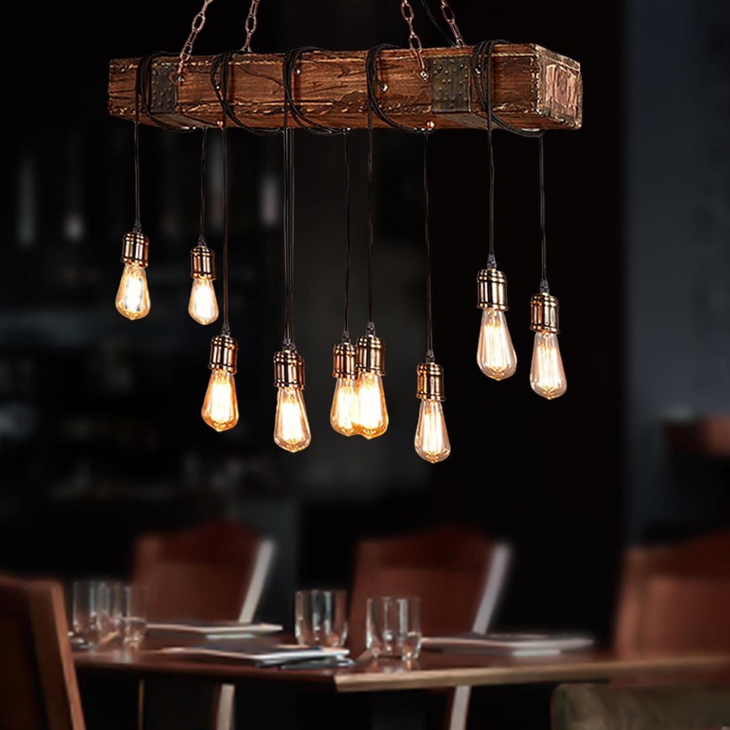 Rustic Industrial 10 Light 46in Chandelier Farmhouse Kitchen Island Lighting Mason Jar Chandelier Linear Chandelier Retro Wood Pendant Light Dining Room Bar Pool Table (Bulb is Not Included)