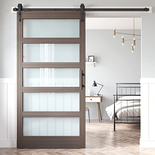 36x84 Inch Glass Sliding Barn Door Slab and 6.6ft Hardware Kit Included, 5 Frosted Glass, LVL Wood Panel Covered with White Water-Proof Scratch-Proof PVC Surface, Simple DIY Assembly