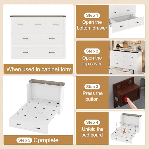 Bellemave Queen Murphy Bed, Cabinet Bed with Charging Station and Storage, Farmhouse Murphy Cabinet with Foldable Panel, Noisy Free, for Guest Bedroom, Living Room, Office, Rustic Gray