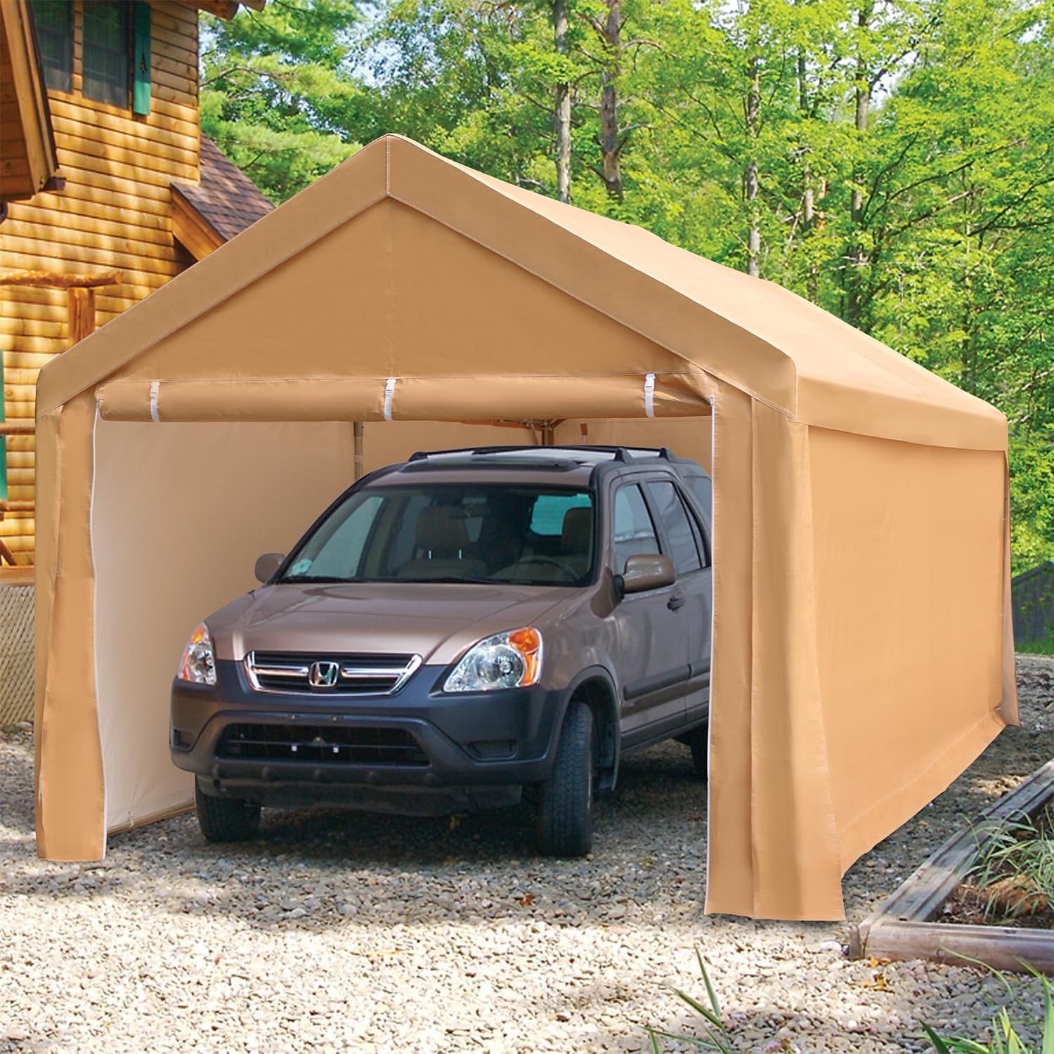 10x20ft Heavy Duty Carport Car Canopy, Portable Garage with Removable Sidewalls & Doors, UV Protected & Waterproof All-Season Tarp for SUV, Car, Truck, Boat, Beige