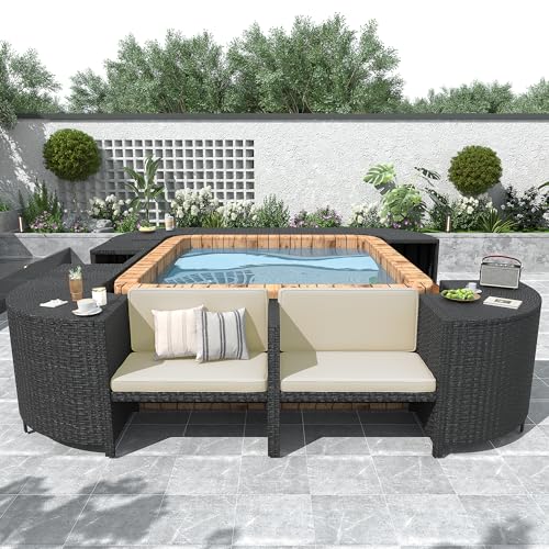 Harper & Bright Designs Spa Surround Spa Frame Quadrilateral Outdoor Rattan Sectional Sofa Set with Mini Sofa,Wooden Seats and Storage Spaces for Free Combination,Cream Beige