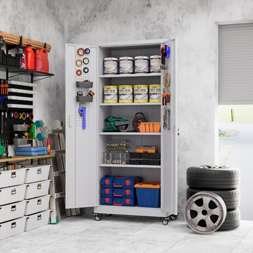 73" H Metal Storage Cabinet with Wheels, Garage Storage Cabinet with 4 Adjustable Shelves and Lockable Doors for Garage Home Office Utility Room,Required Assembly,Black