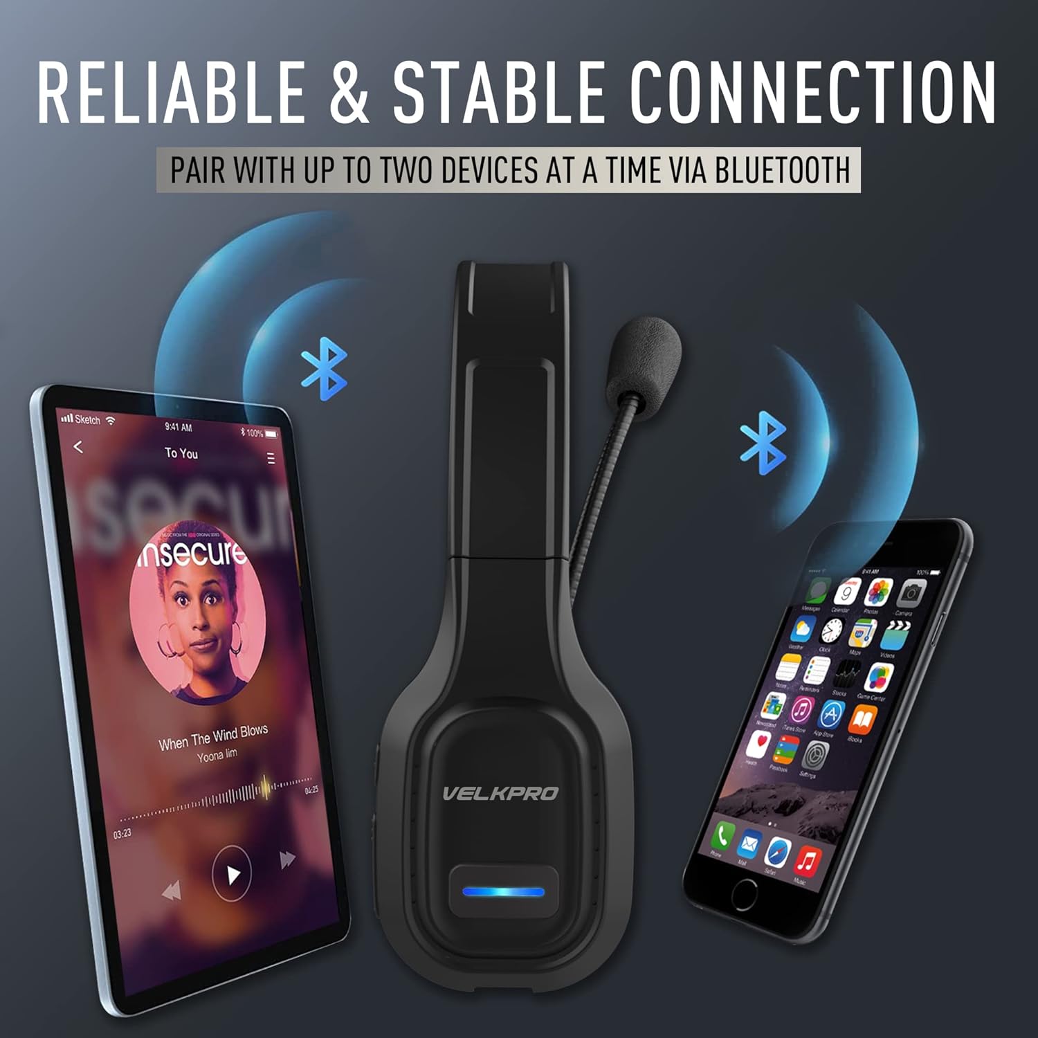 VELKPRO Wireless Headset with Microphone - Comfortable Single-Ear Headphone with Adjustable Headband, Noise Isolation Mic - Communication Accessories for Truck Drivers, Home Office, Call Center Work