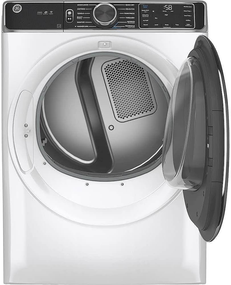 GE GFD85GSSNWW 28" Front Load Gas Dryer with 7.8 cu. ft. Capacity Stainless Steel Drum Built-in WiFi Sanitize Cycle and Damp Alert in White