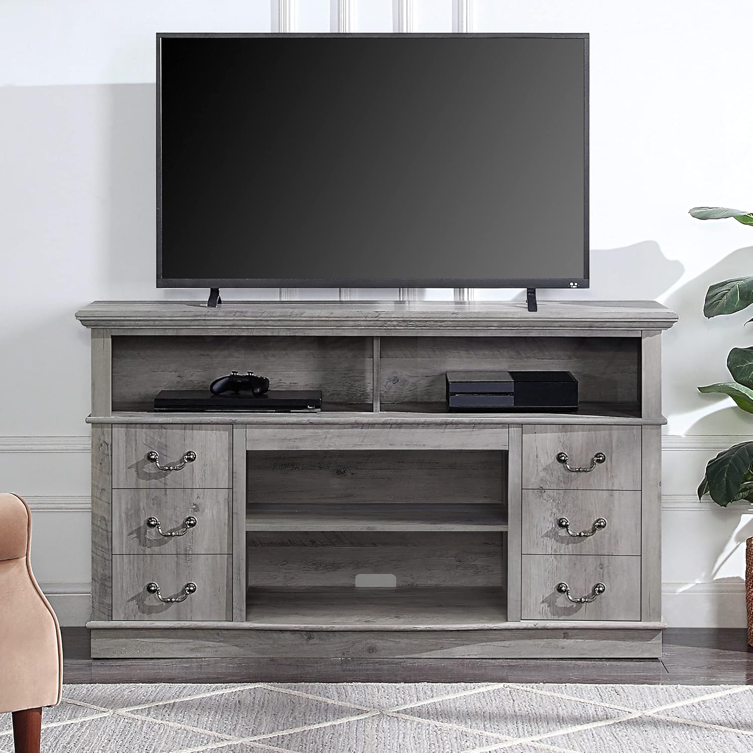 BELLEZE Modern Farmhouse Wood TV Stand & Media Entertainment Center Console Table for TVs up to 50 Inch with Open Storage Shelves & Cabinets – Norrell (Gray Wash)